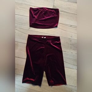 Burgundy Velvet Strapless Top & Bike Short Set-Size M